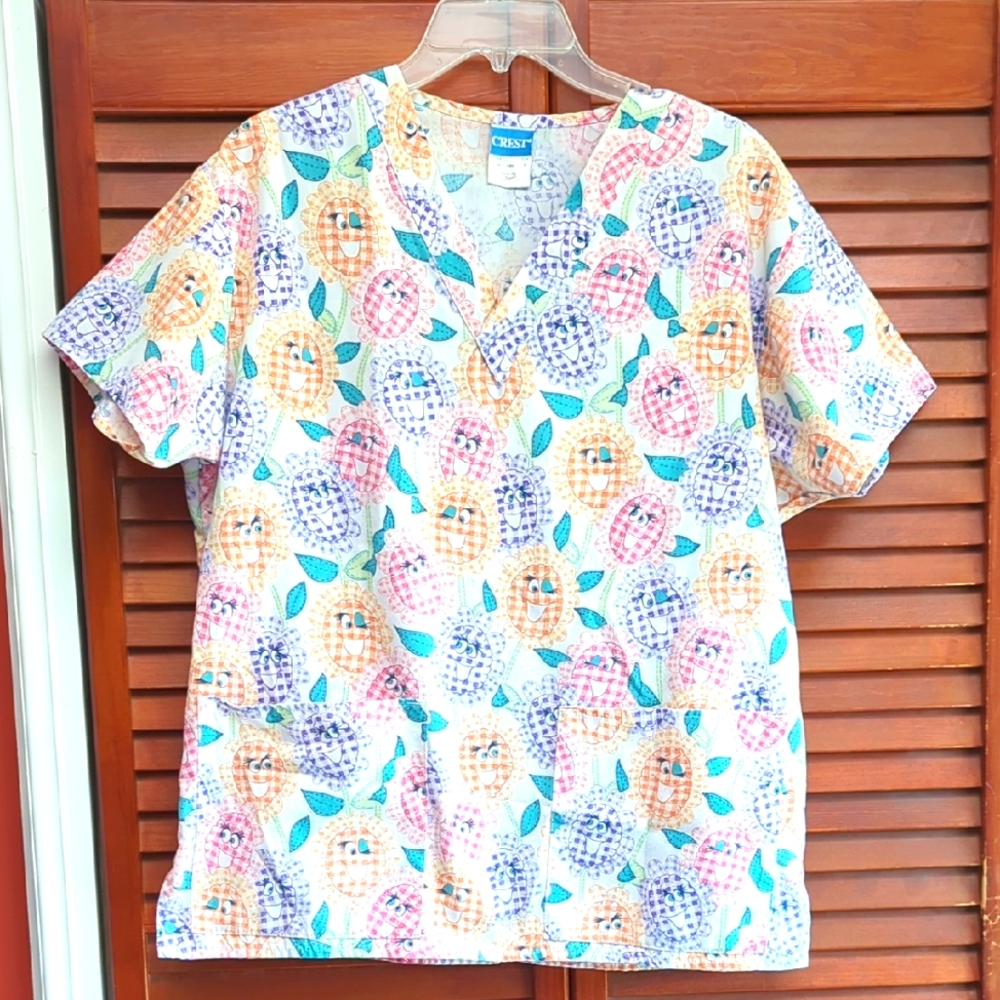 Crest Colorful Floral Print Scrub Top